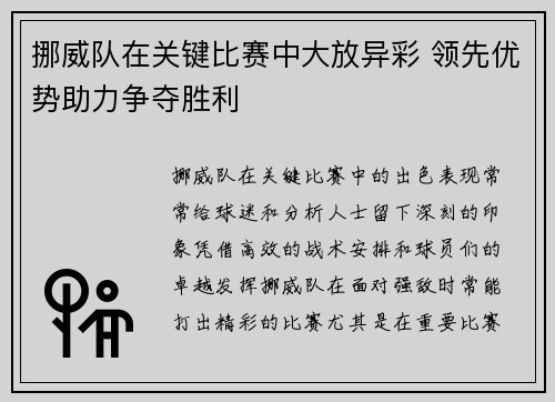 挪威队在关键比赛中大放异彩 领先优势助力争夺胜利